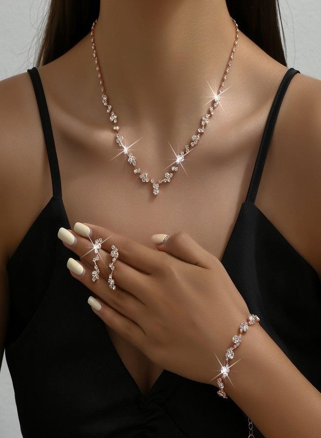 Cicod Prom Earrings Necklace Bracelet Set Elegant Crystal Necklace Earrings Bracelet Bridal Wedding Rose Gold Prom Costume Jewelry Sets for Women - Image 2